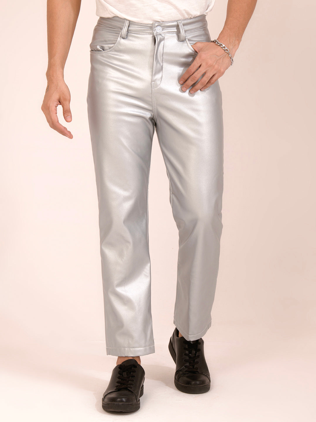 TANDUL  Men Regular Fit Silver Faux Leather Trousers