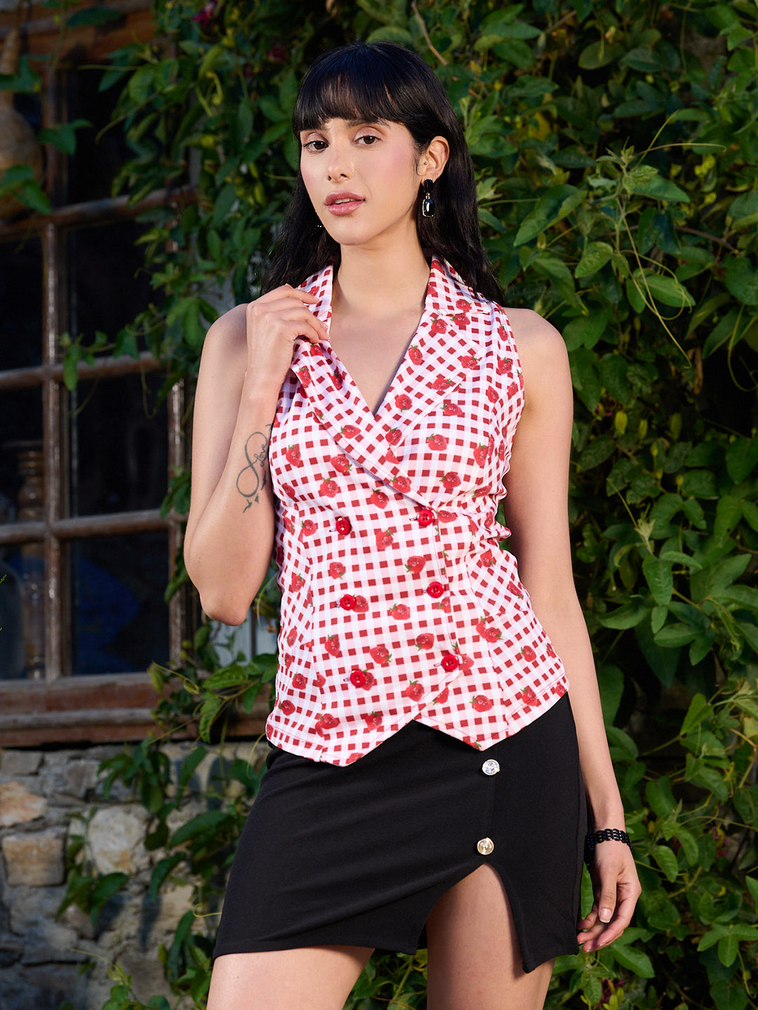 TANDUL  Red and White Checkered Waistcoat