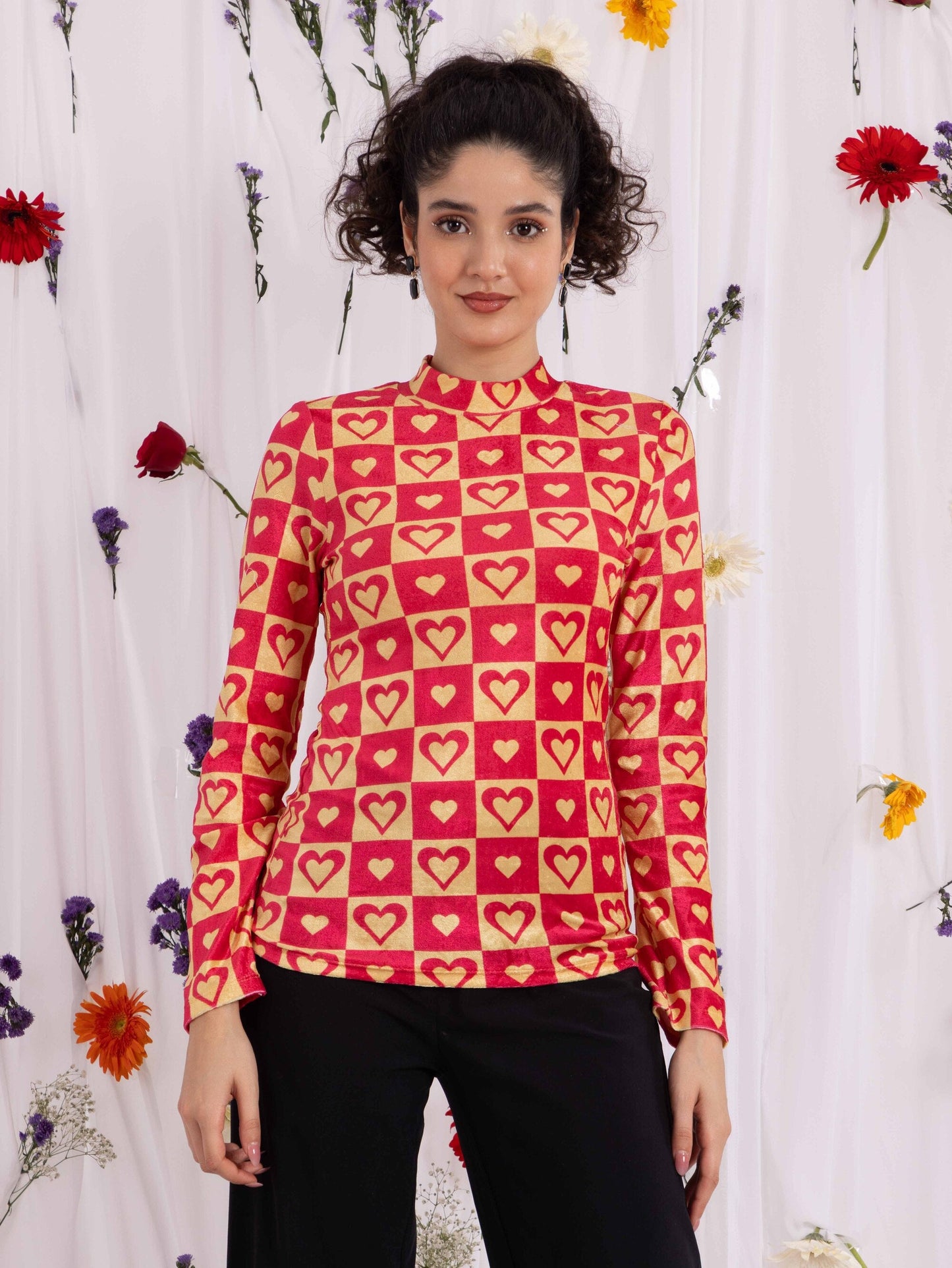 TANDUL Heart Printed Velvet Highneck