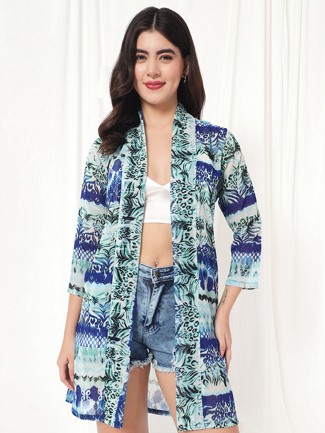 TANDUL  Women Straight 3/4th Sleeve Blue Shrug