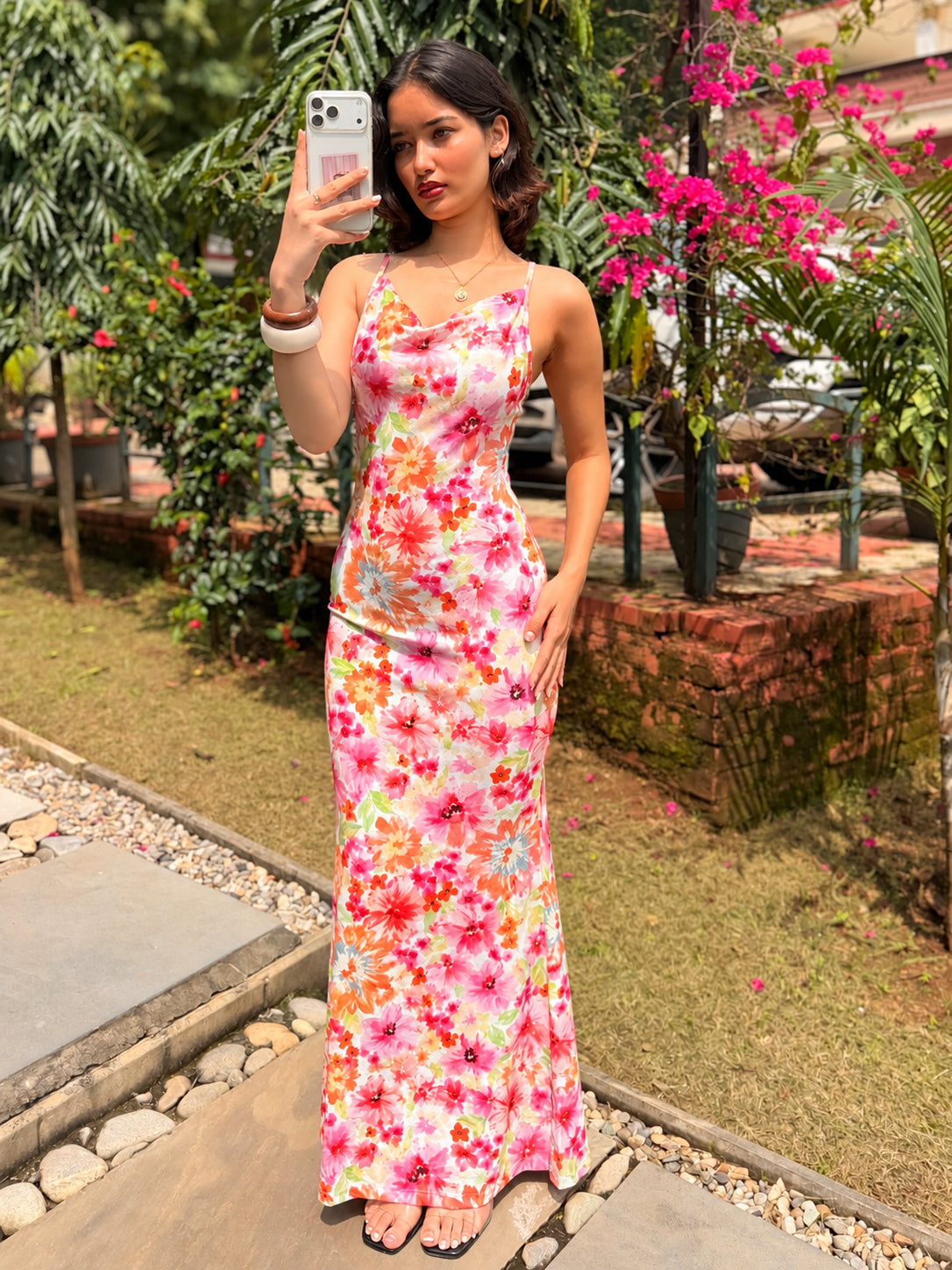 TANDUL Women Floral Print Cowl Neck Maxi Dress