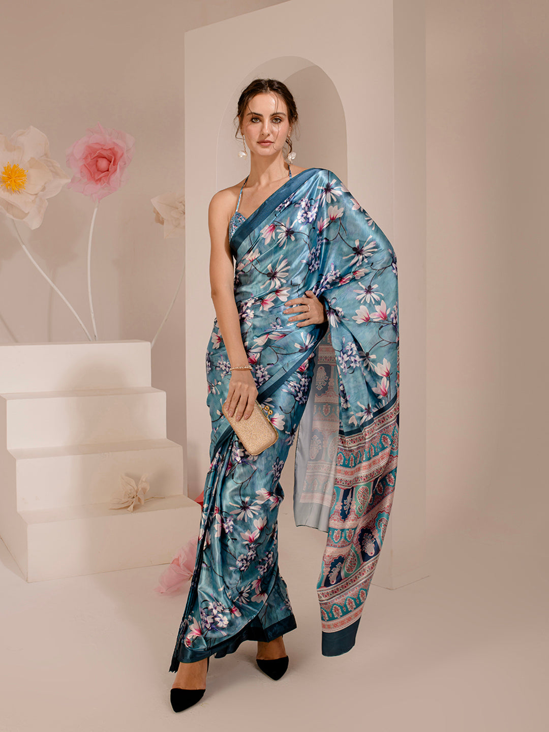 ELTIRE Exquisite Skyblue Printed Satin Saree