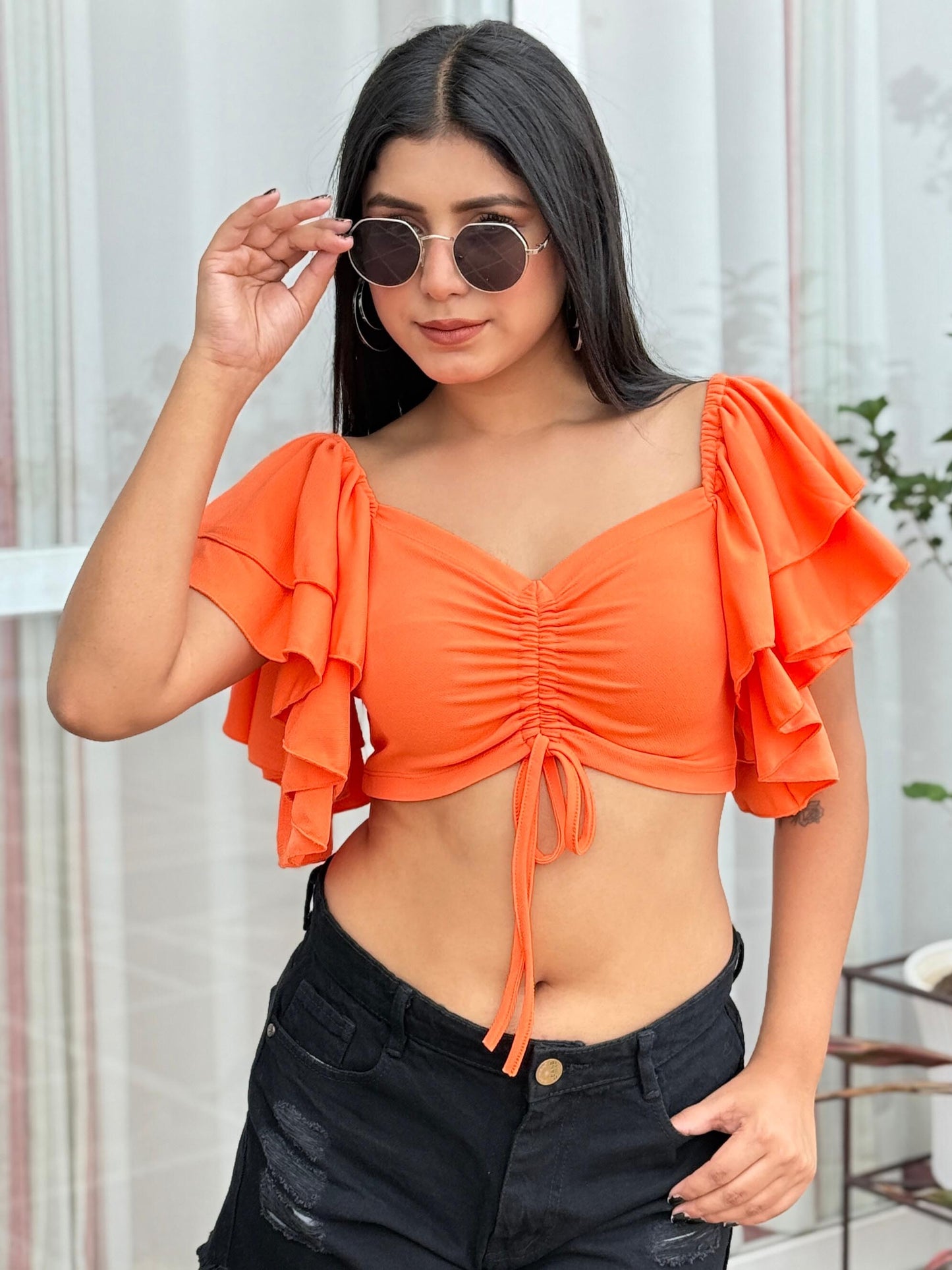 TANDUL Women Orange Top with Ruffled Sleeves