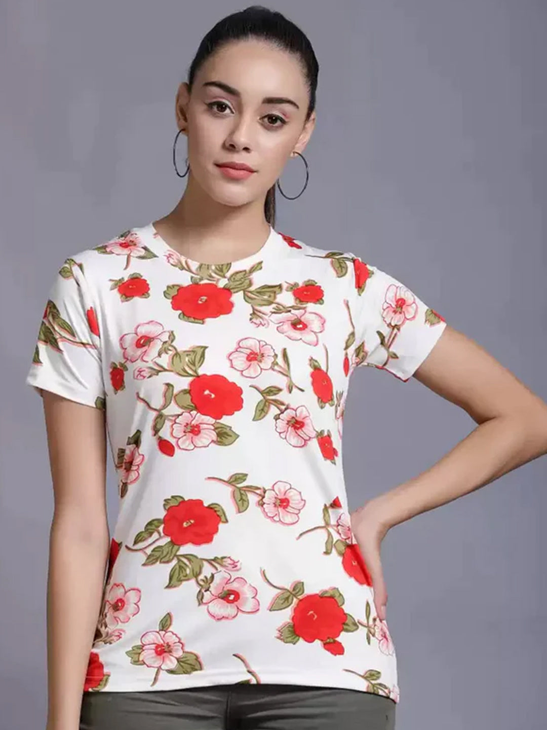 TANDUL  Casual Regular Sleeves Floral Print Women White Top