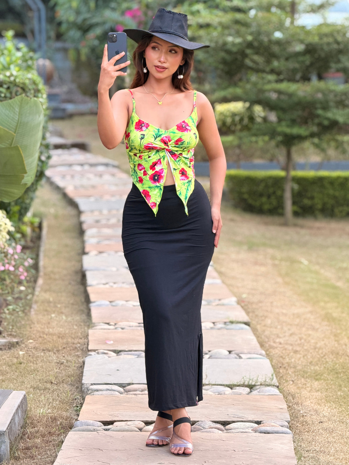 TANDUL Women Vibrant Lime & Red Floral Twist Crop Top