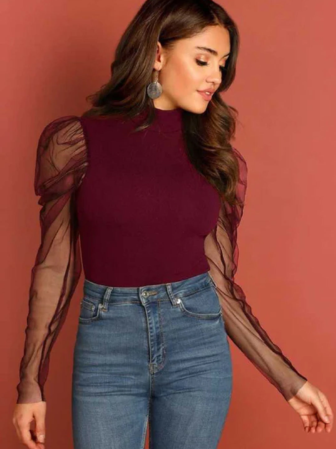 Casual Puff Sleeves Solid Women Maroon Top