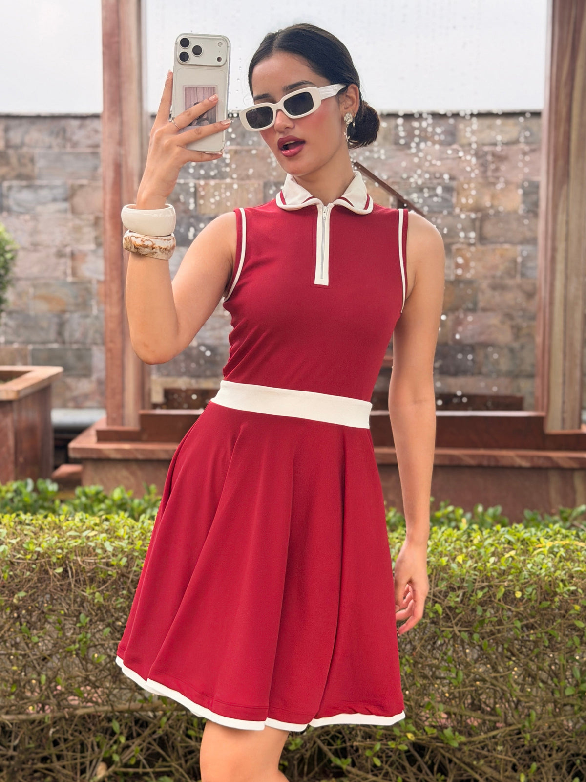 TANDUL Women Retro Sleeveless Polo Dress with Zipper Neck