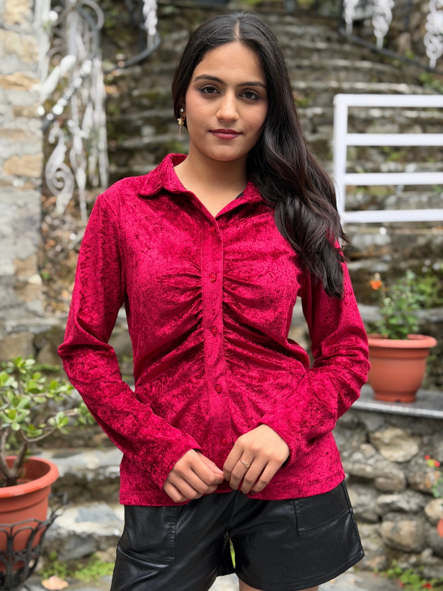 TANDUL Women Luxurious Maroon Velvet Shirt