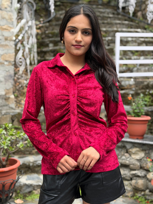 TANDUL Women Luxurious Maroon Velvet Shirt