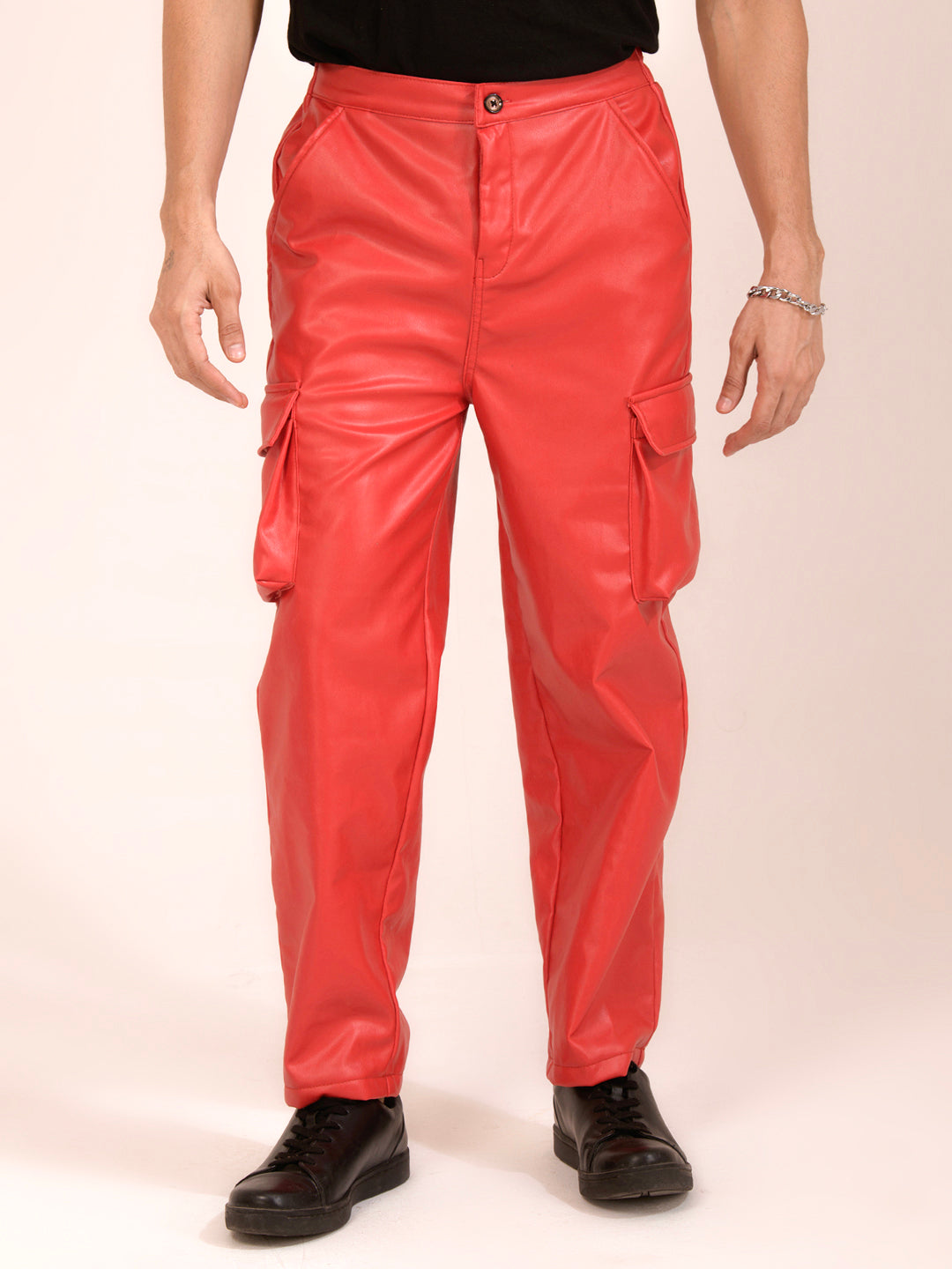 TANDUL  Men Regular Fit Red Faux Leather Trousers