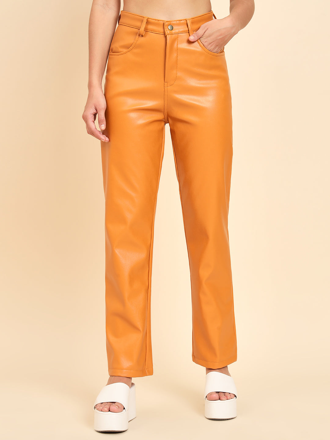 TANDUL Women Regular Fit Beige Faux Leather Trousers