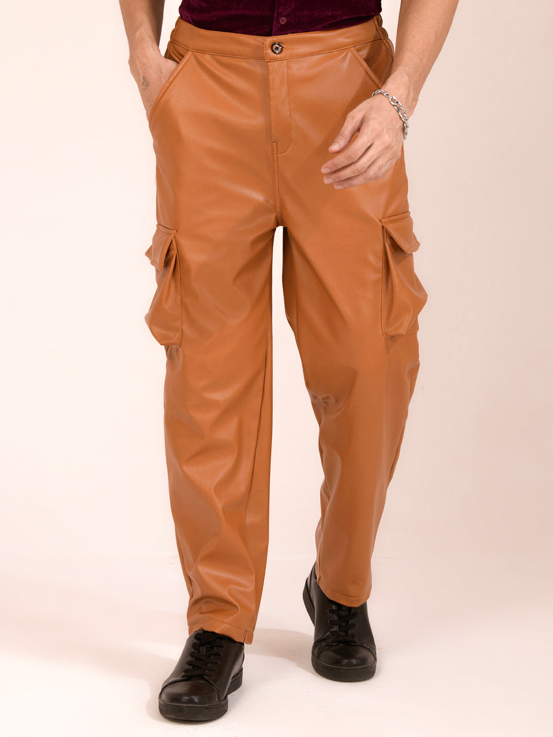 TANDUL  Men Regular Fit Yellow Faux Leather Trousers