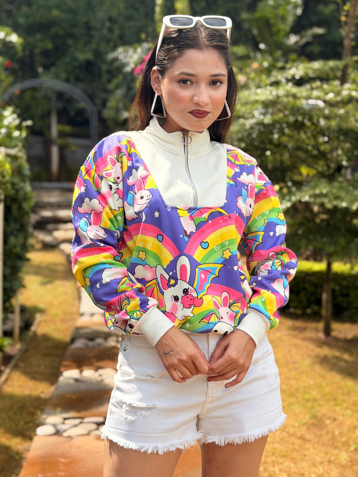TANDUL Women’s Colorful Rainbow & Bat-Bunny Printed Cropped Sweatshirt