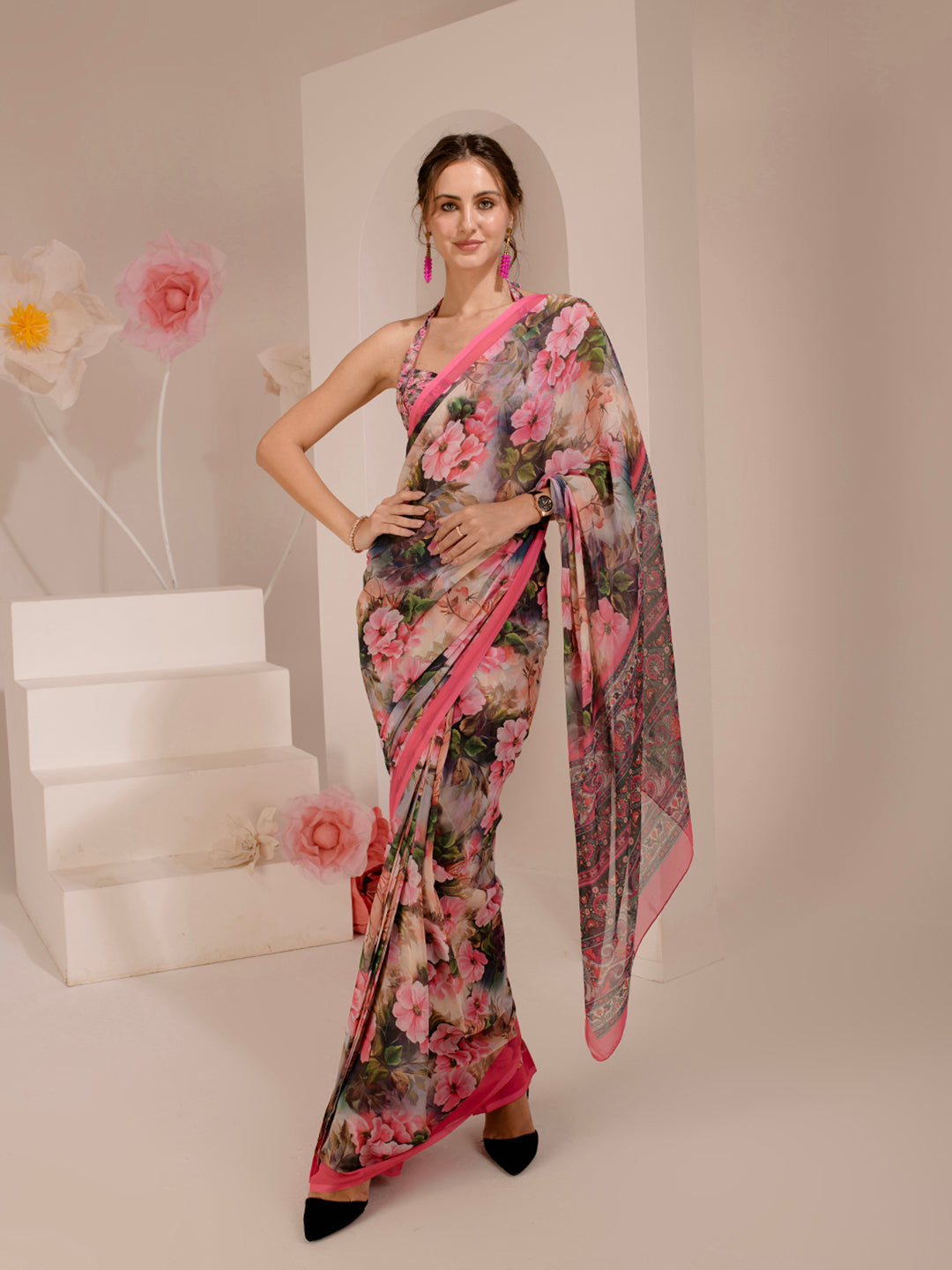 ELTIRE Exquisite Printed Bollywood Style Georgette Saree