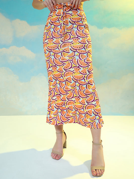 TANDUL  Women Printed Flared Orange Skirt