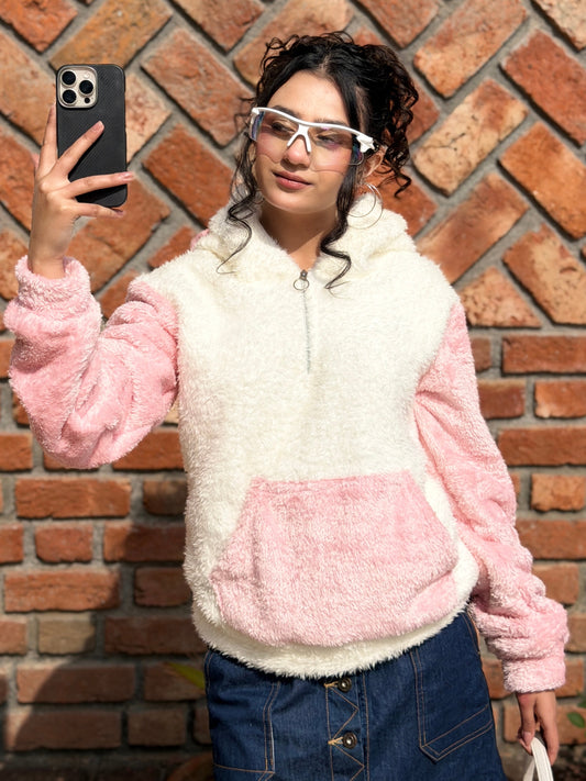 TANDUL Women Solid White and Pink Fur Hoodie