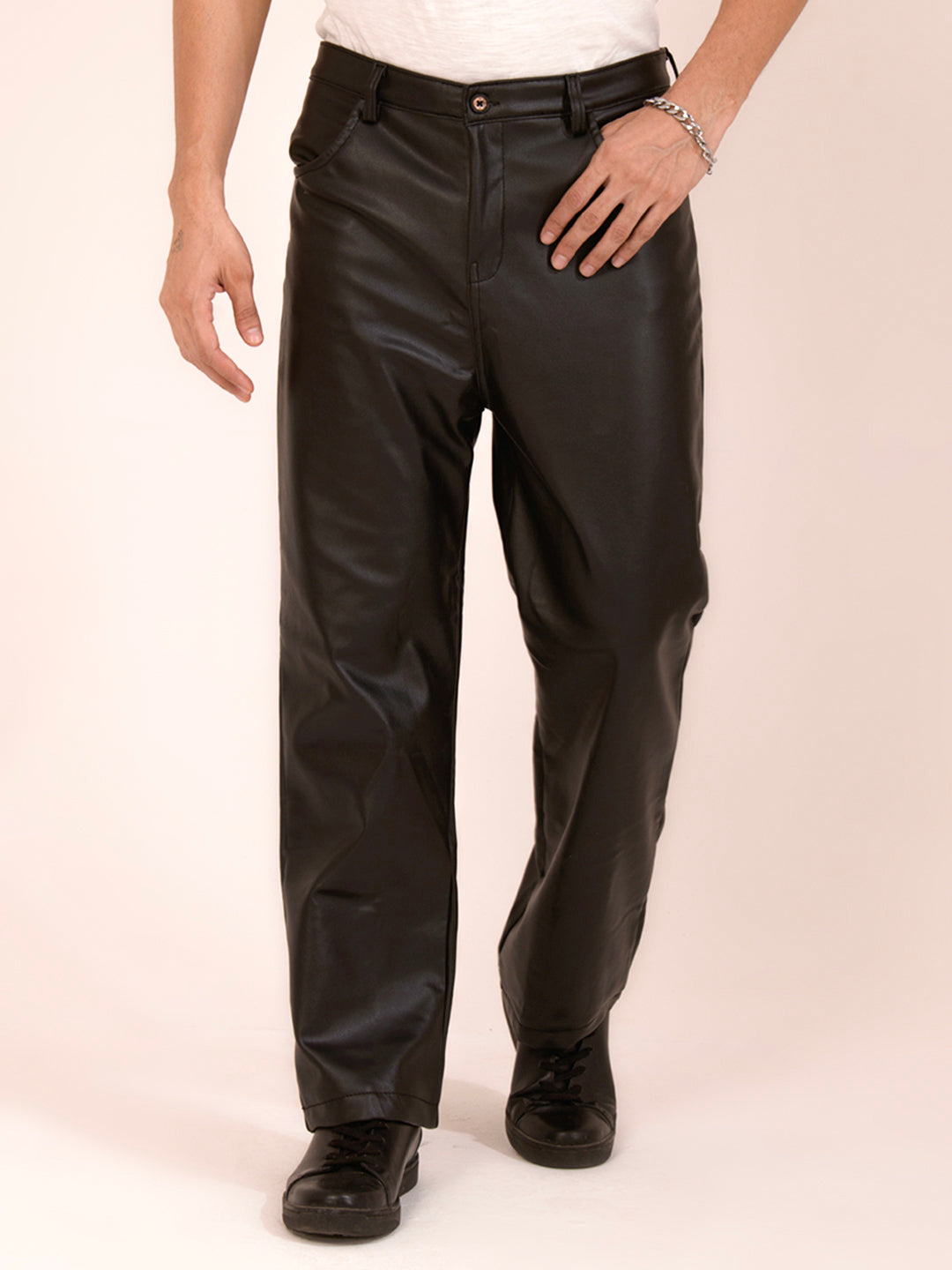 TANDUL  Men Regular Fit Brown Faux Leather Trousers