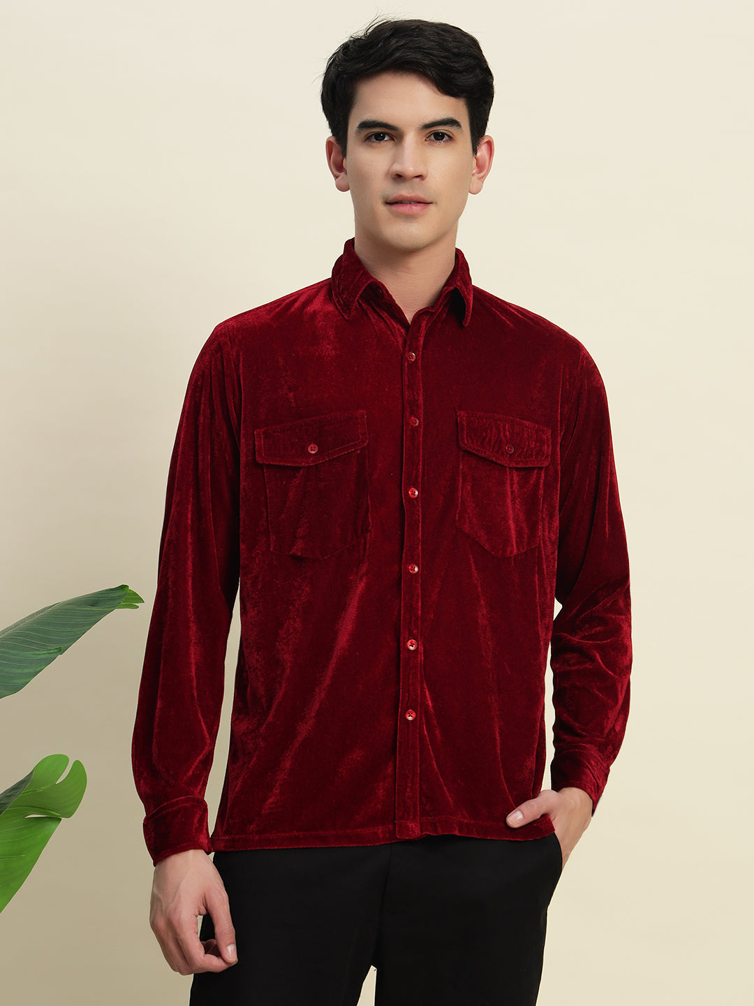 TANDUL Men's Maroon Velvet Shirt