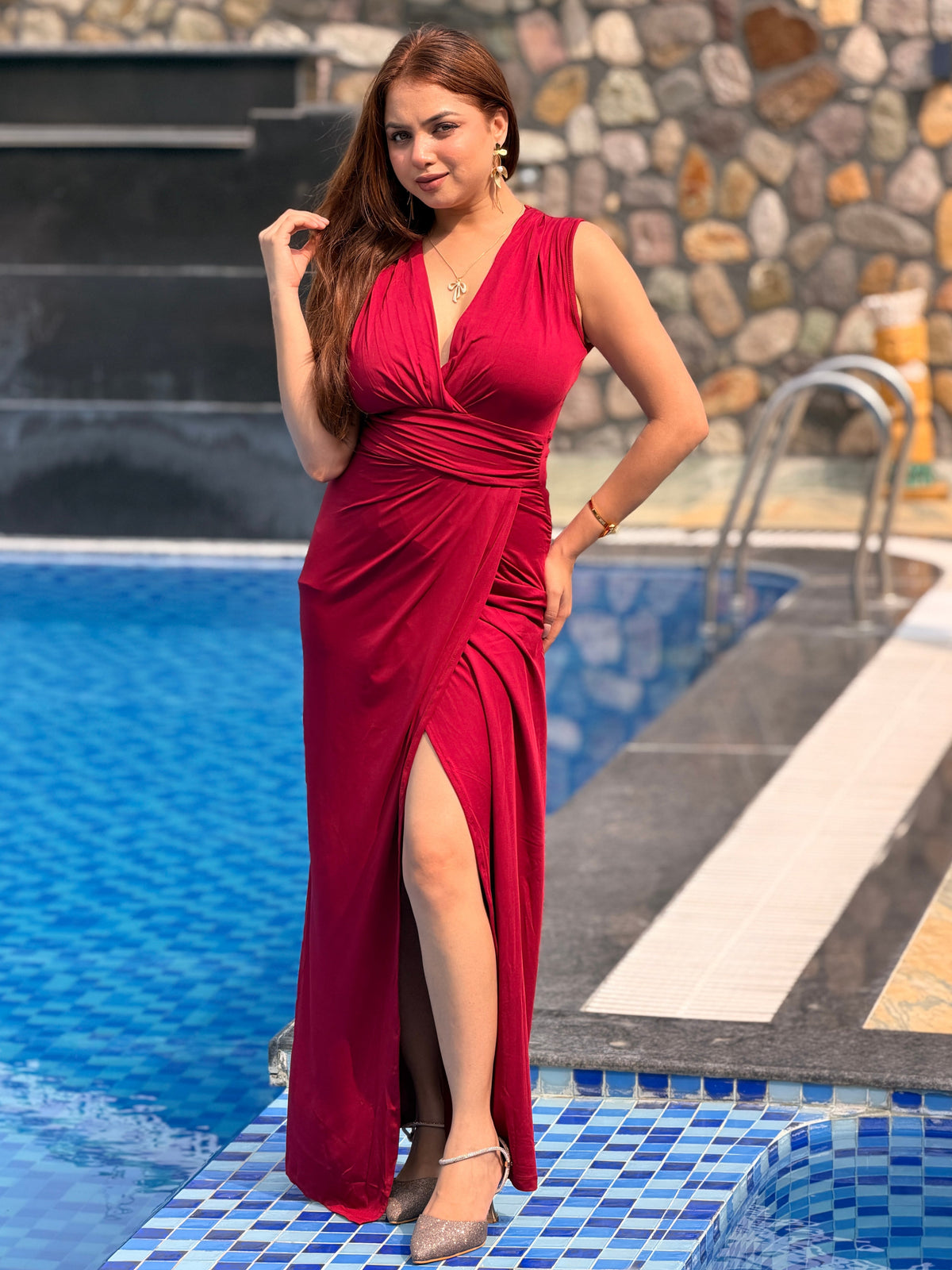 TANDUL Women Wine Red Plunging V-Neck Tulip Maxi Dress