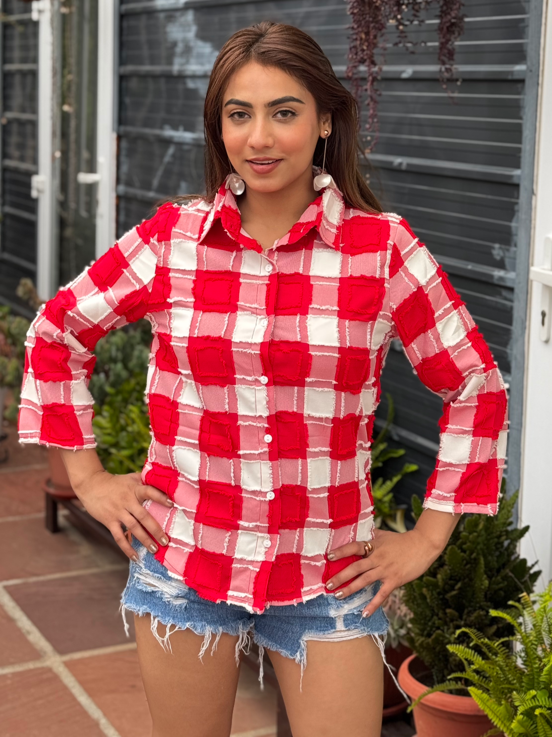 TANDUL Women Red and white Plaid Shirt