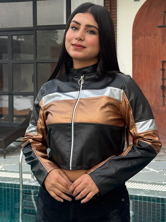 TANDUL Women Stunning Black and Gold Leather Jacket