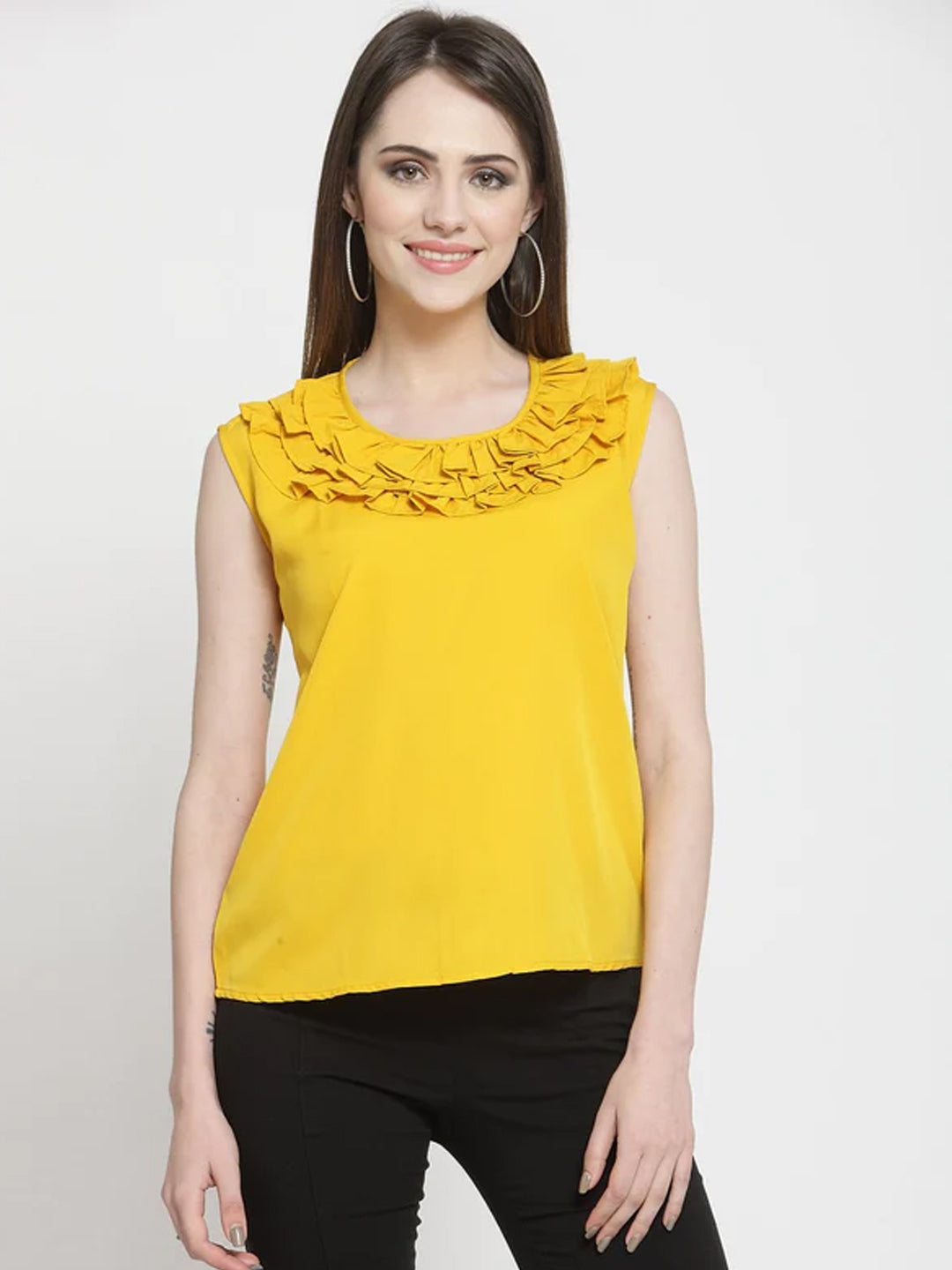 ZARVEY Casual No Sleeve Solid Women Yellow Top