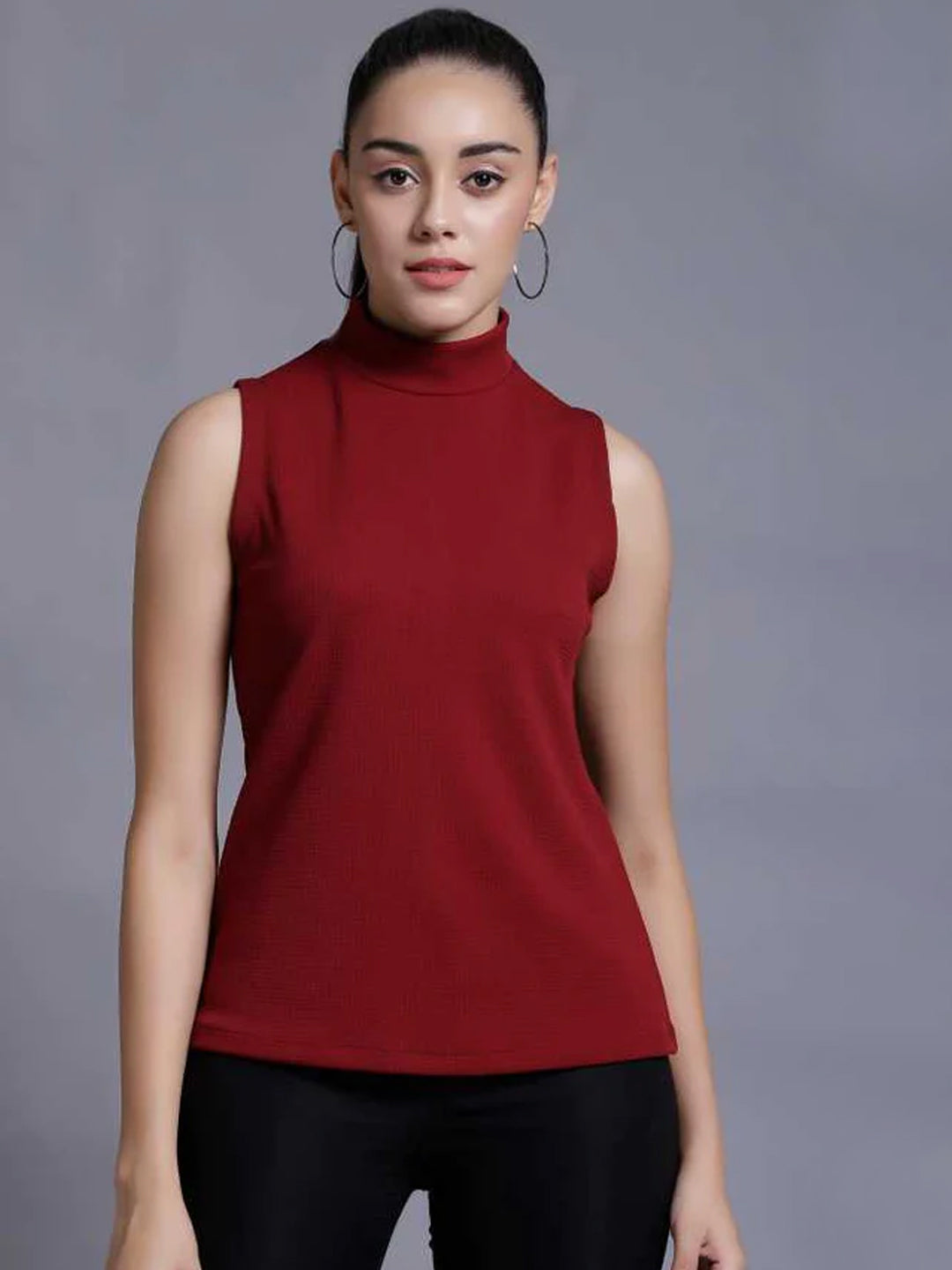 Casual Sleeveless Solid Women Maroon Top