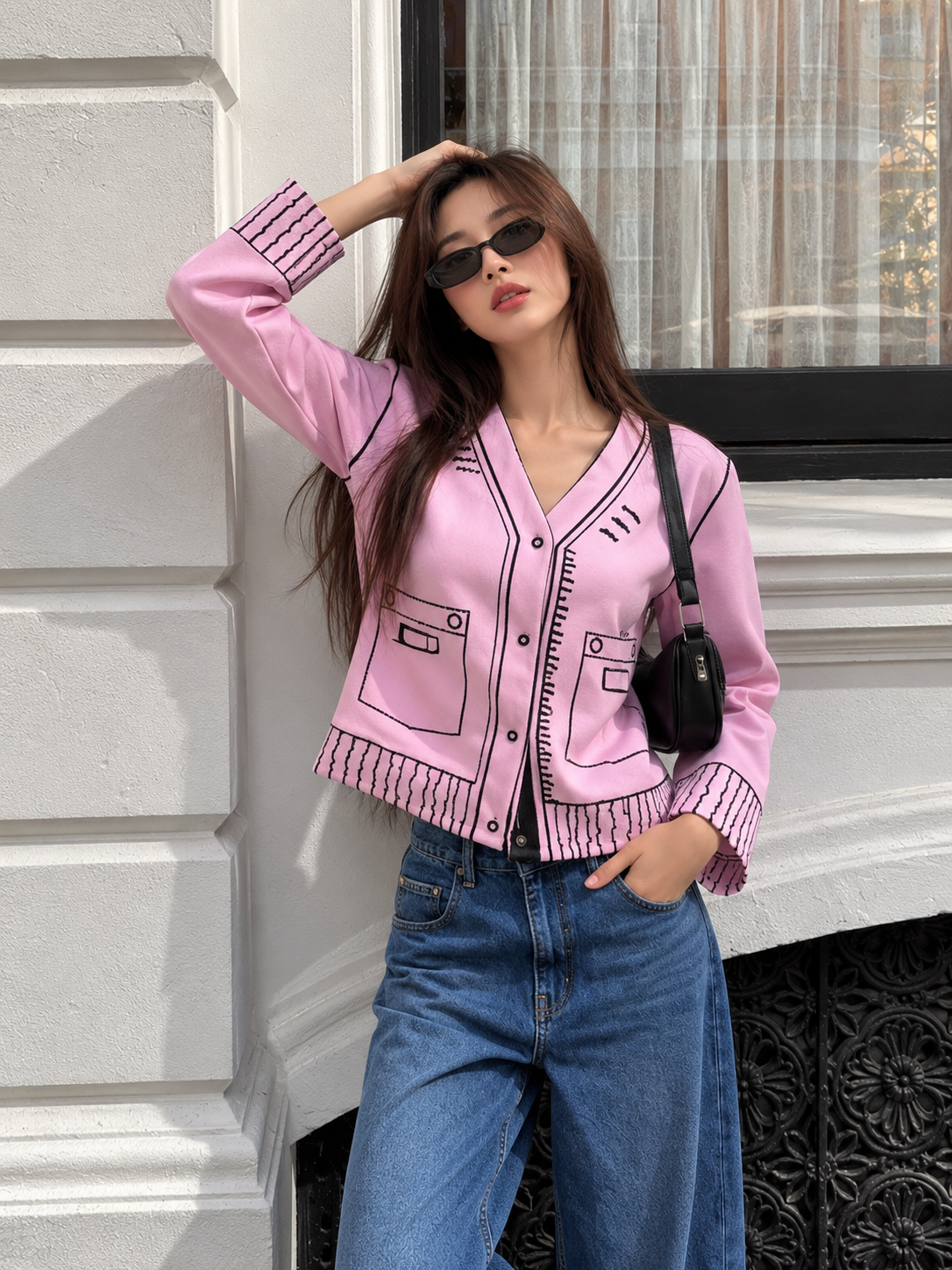 TANDUL Women Long Sleeve V-Neck Graphic Button-Up Jacket