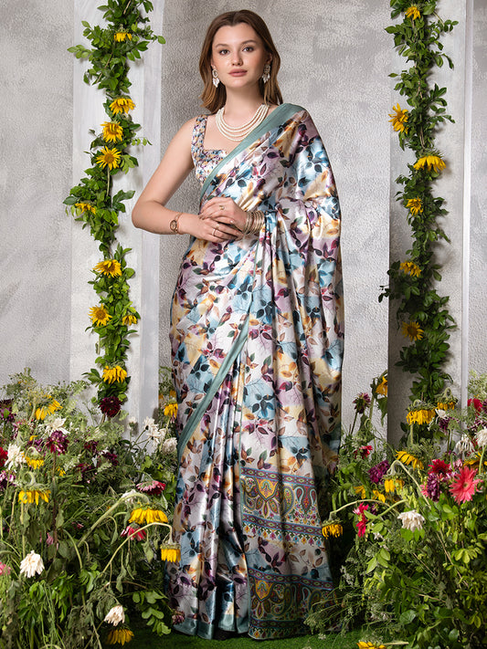 ELTIRE  Floral Print Bollywood Satin Saree  (Multicolor)