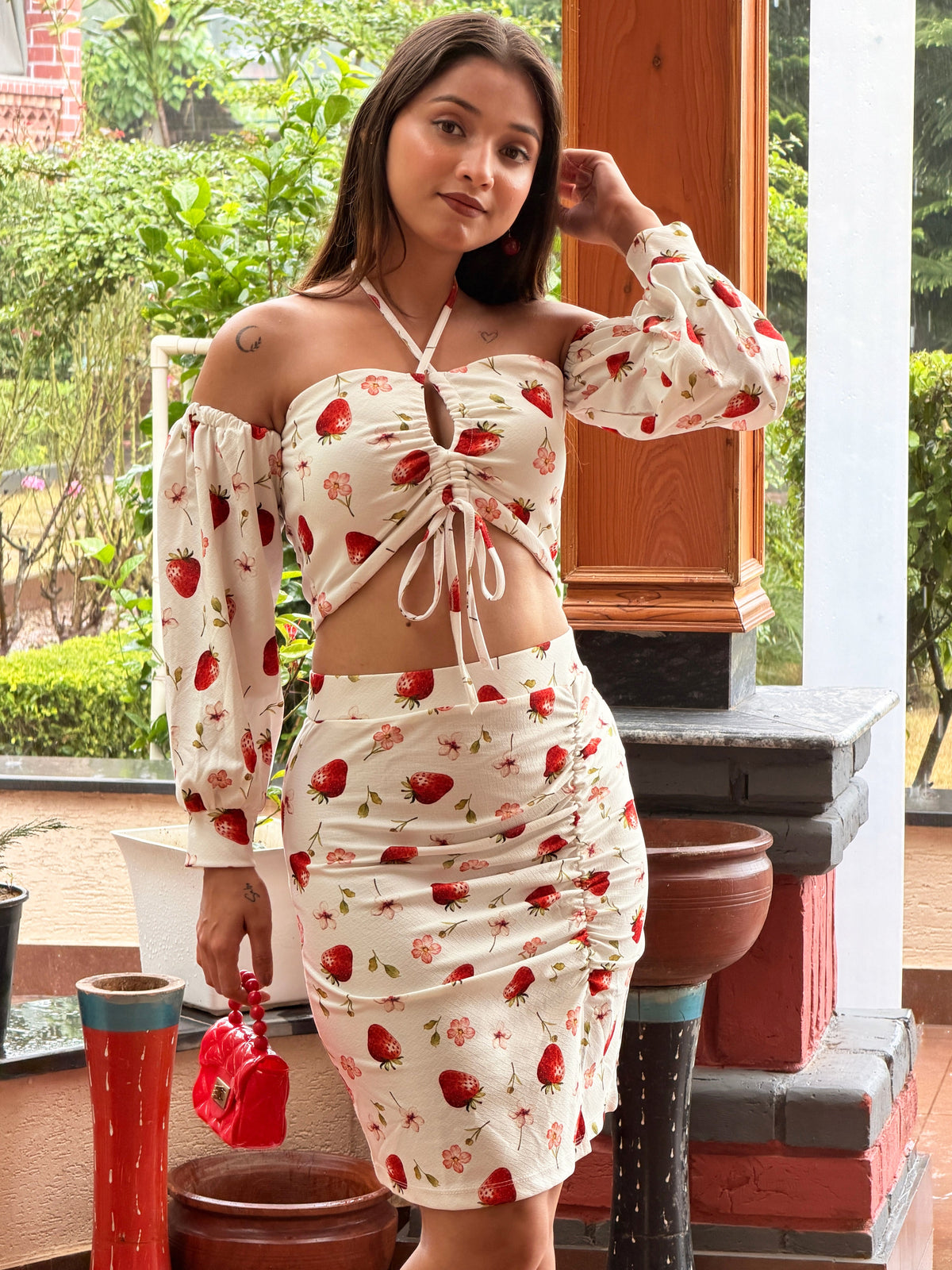 TANDUL Women Cute Strawberry Off-Shoulder Co-Ord Set