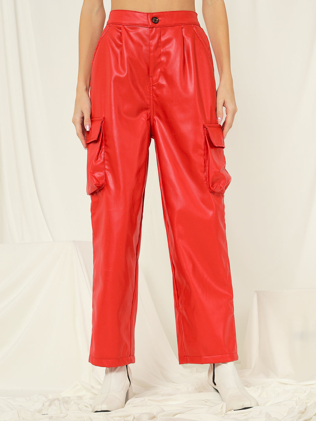 TANDUL  Women Regular Fit Red Faux Leather Trousers