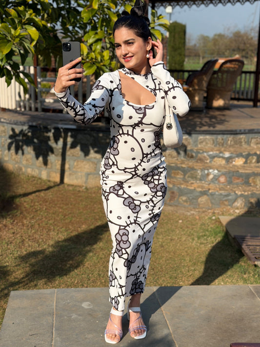 TANDUL White Kitty Printed Bodycon Dress