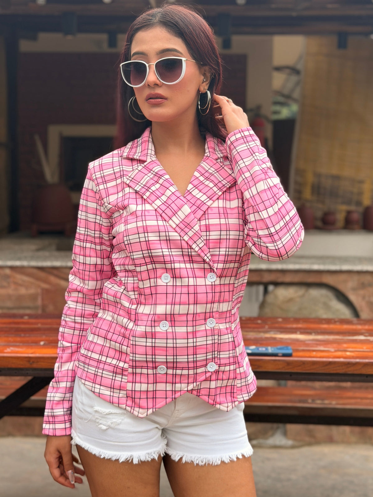 TANDUL Women Pink and White Plaid Double-Breasted Blazer