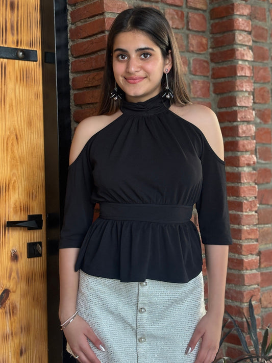 TANDUL Women Black Cold Shoulder Top