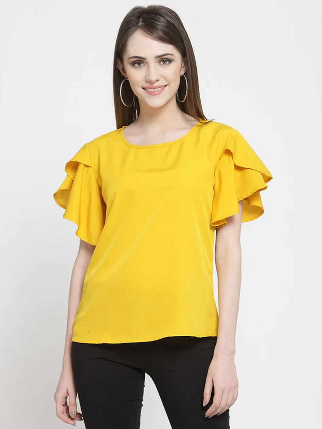 ZARVEY Casual Petal Sleeve Solid Women Yellow Top