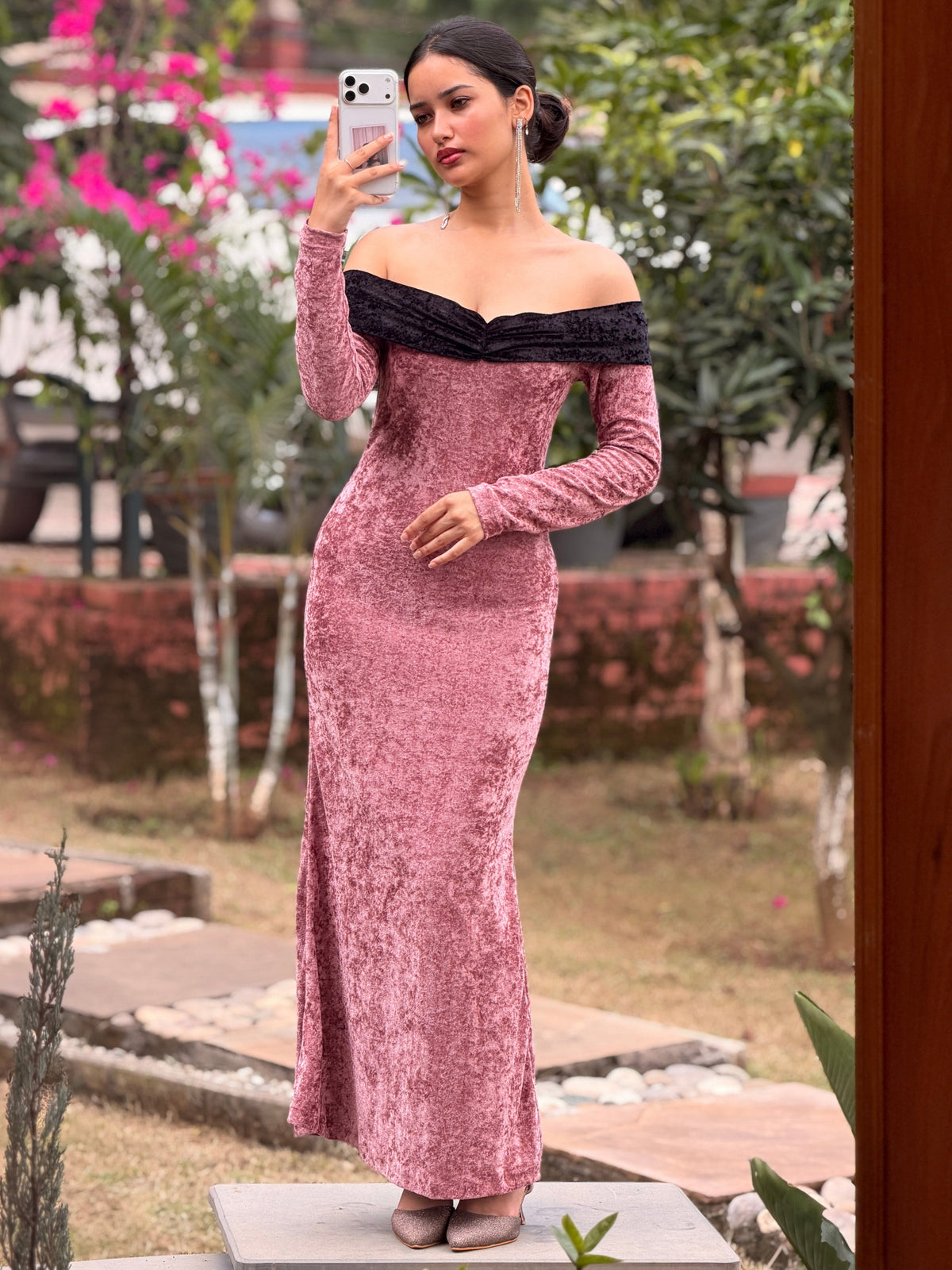 TANDUL Women Rose Gold Velvet Off-Shoulder Maxi Dress