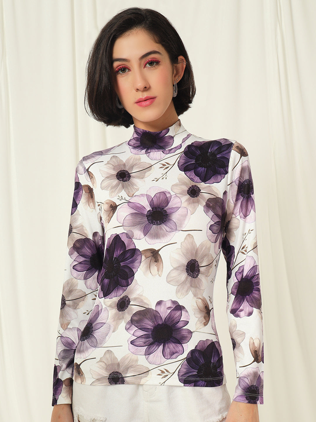 TANDUL  Women Floral Print High Neck White Sweater