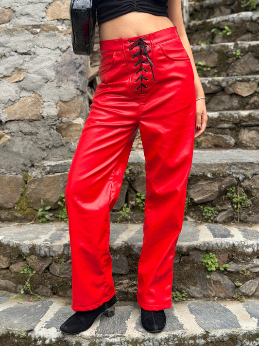 TANDUL Women Chic Red Leather Trouser