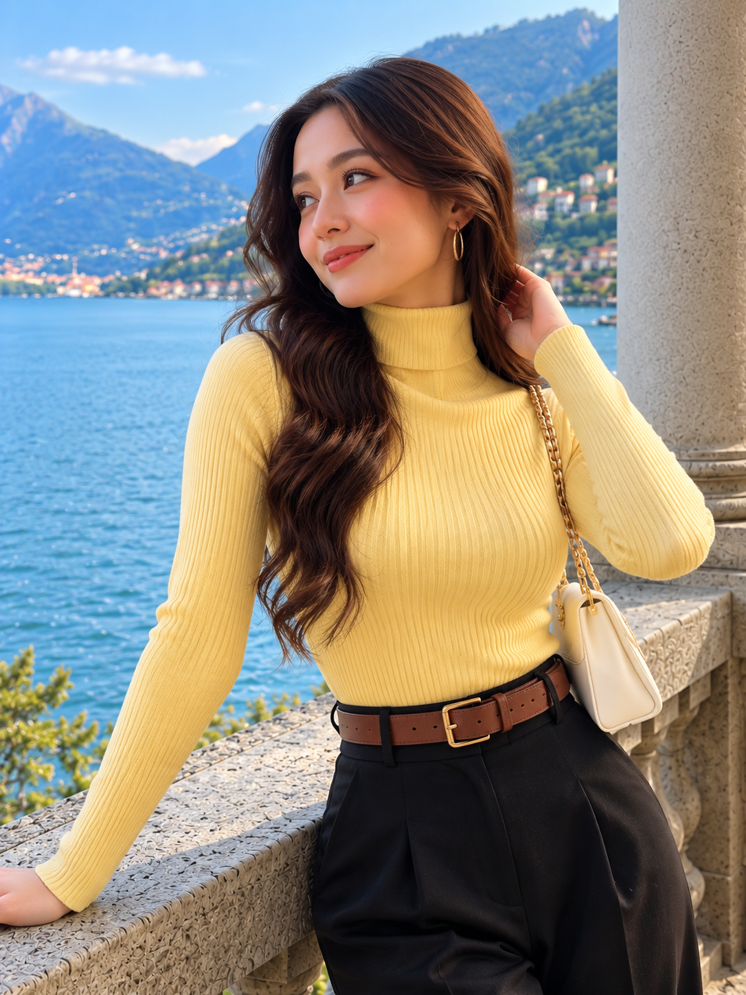 TANDUL Women Soft Yellow Ribbed Turtleneck Knit Sweater