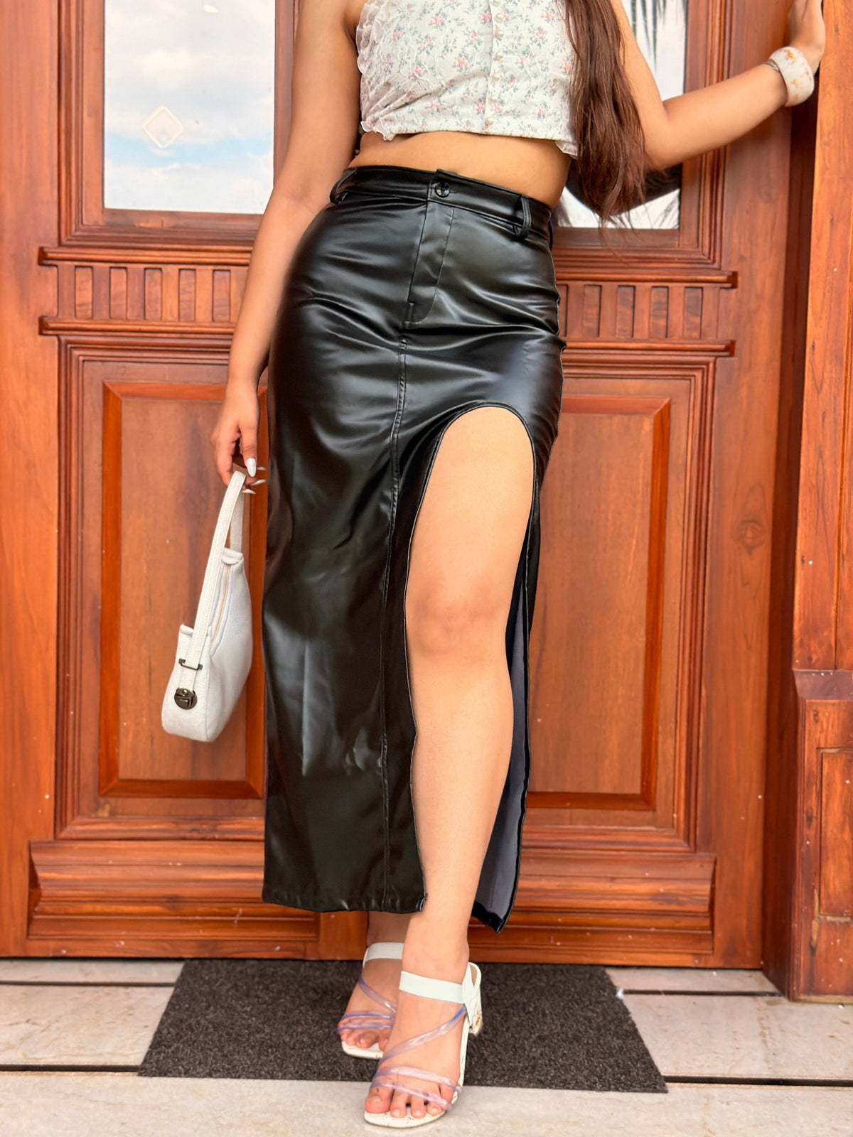 TANDUL Women Faux Leather Maxi Skirt with High Front Slit