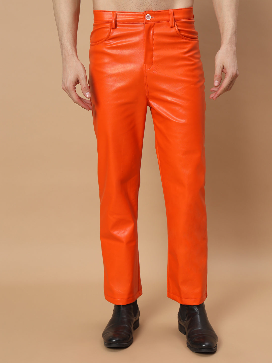 TANDUL  Men Regular Fit Orange Faux Leather Trousers