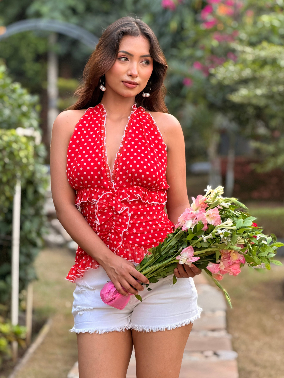 TANDUL Women Vintage-Inspired Red Polka Dot Halter Top