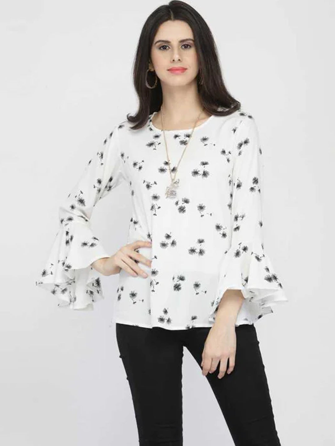 Casual Bell Sleeves Printed Women White Top