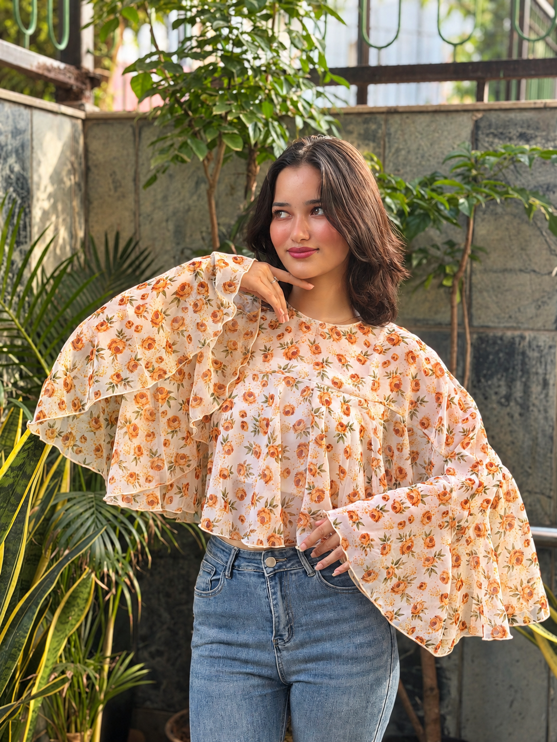 TANDUL Women Ochre Floral Tiered Crop Shrug