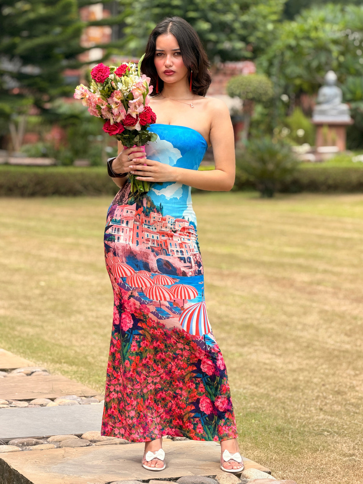 TANDUL Women Amalfi Coast Landscape Strapless Maxi Dress