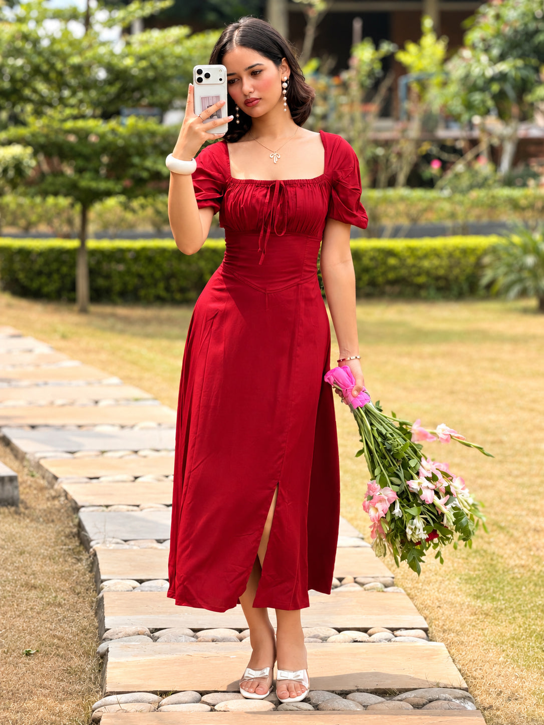 TANDUL Women Maroon Lace-Up Corset Milkmaid Midi Dress