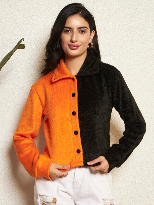 TANDUL Women Striking Orange and Black Fur Jacket