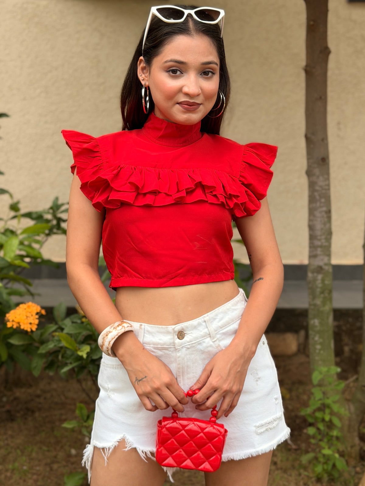 TANDUL Women Red High-Neck Ruffle Crop Top