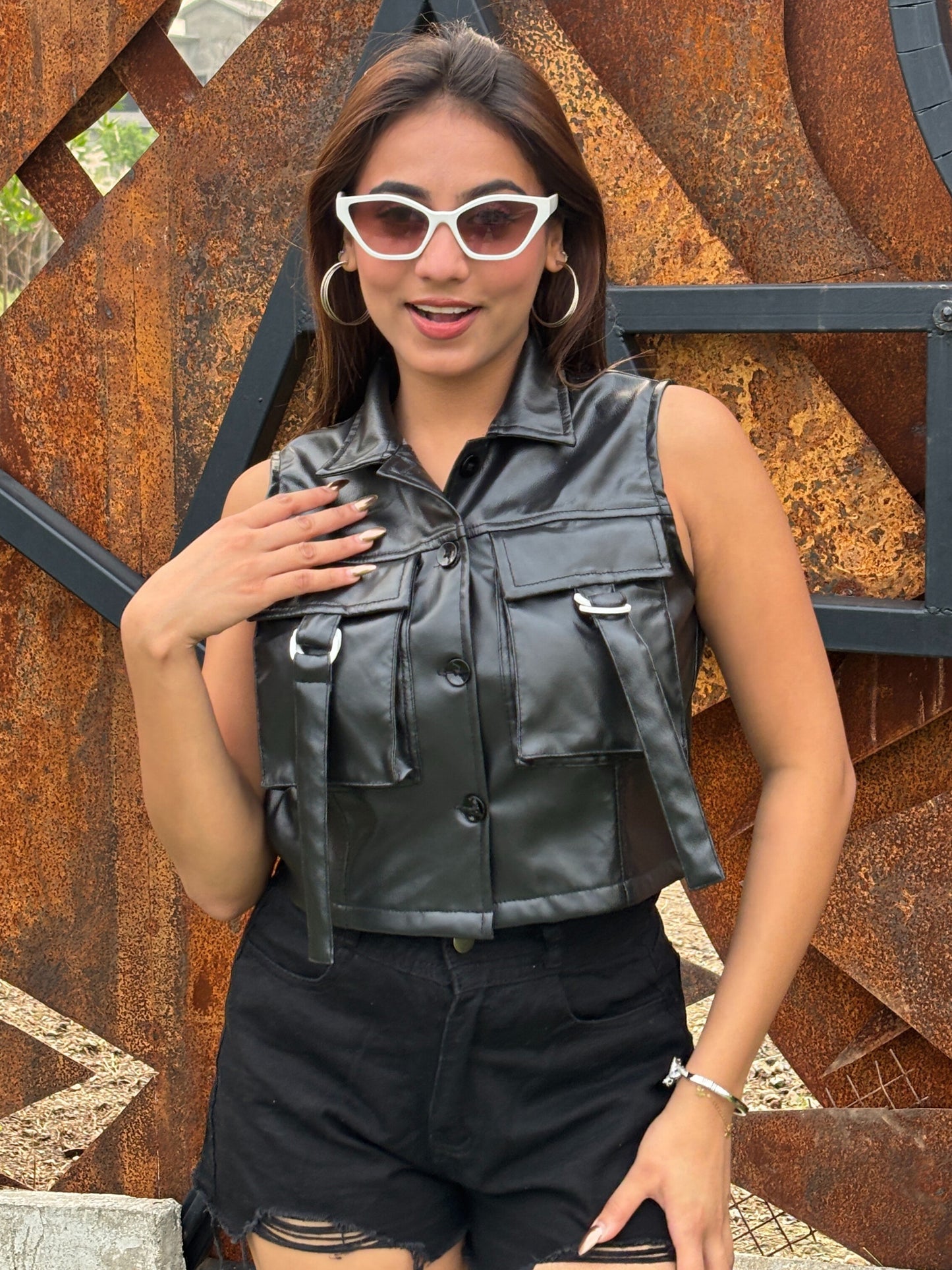 TANDUL Women Sleek Black Leather Crop Jacket