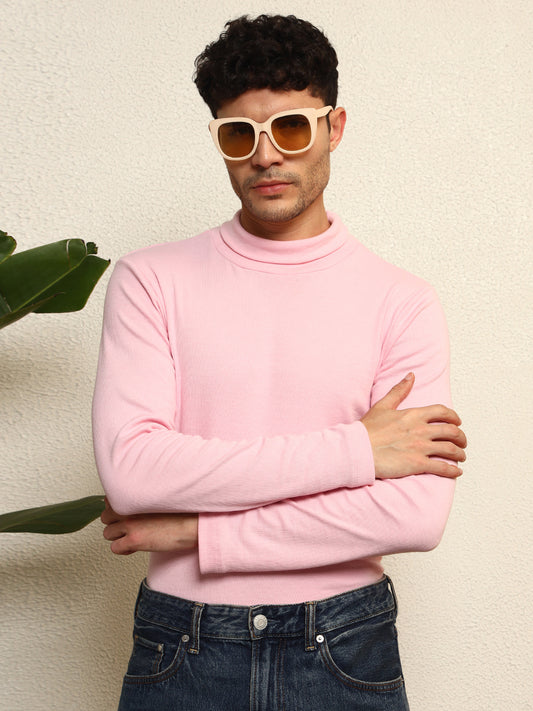 TANDUL  Men Solid Turtle Neck Pink Sweater